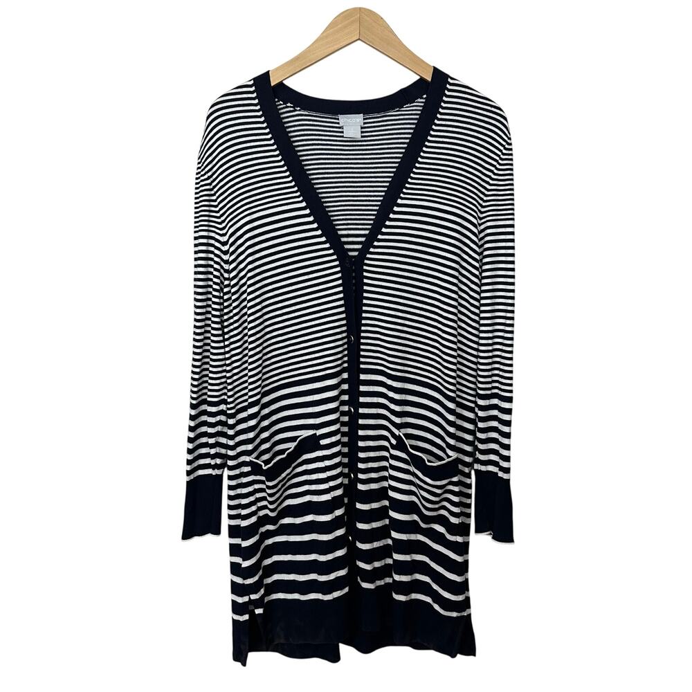 Chico's Striped Cardigan Womens Large Lightweight Nautical Blue White Pockets